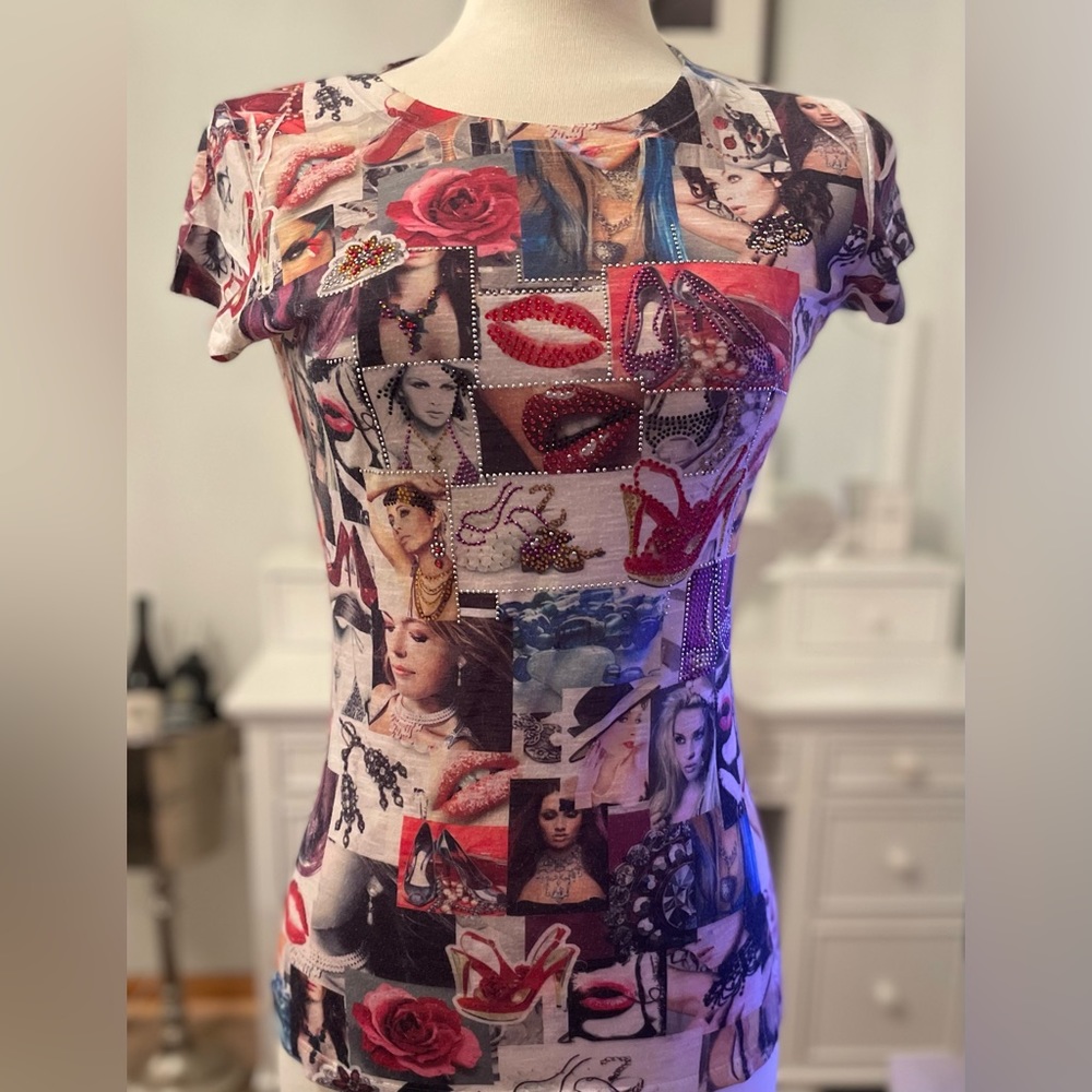 Rhinestones! 1990s Vintage Top with sparkling stones & photographs from Y2K era